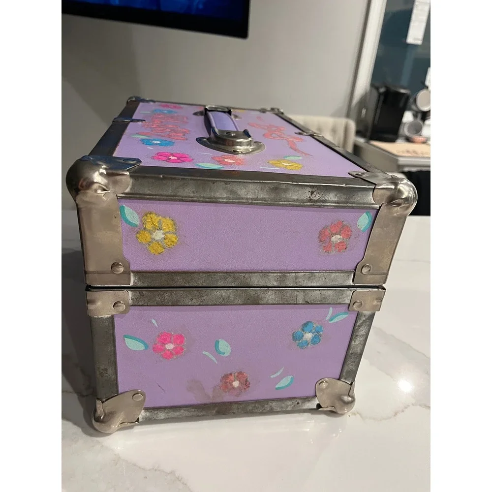 Vintage 90s purple Hand Painted Floral Storage Trunk Hilary Personalized Box